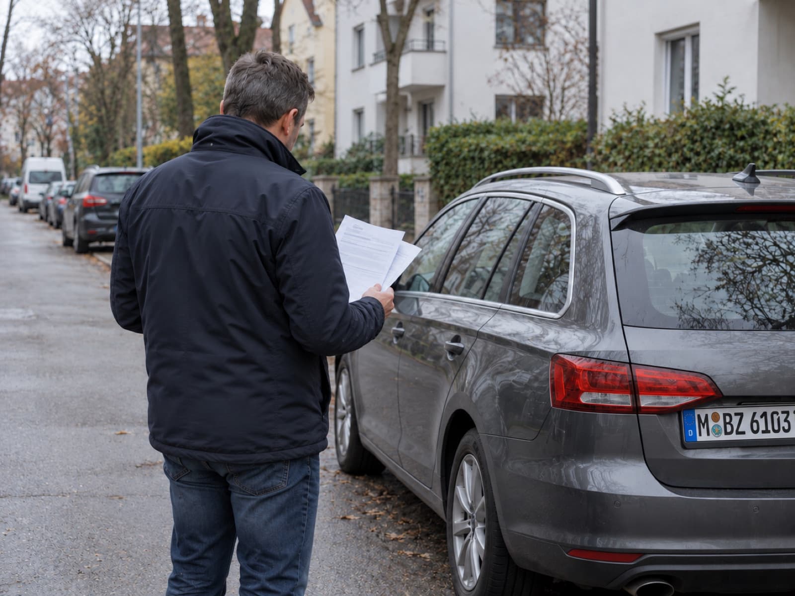 Kunde mit Fahrzeugpapieren neben seinem Auto