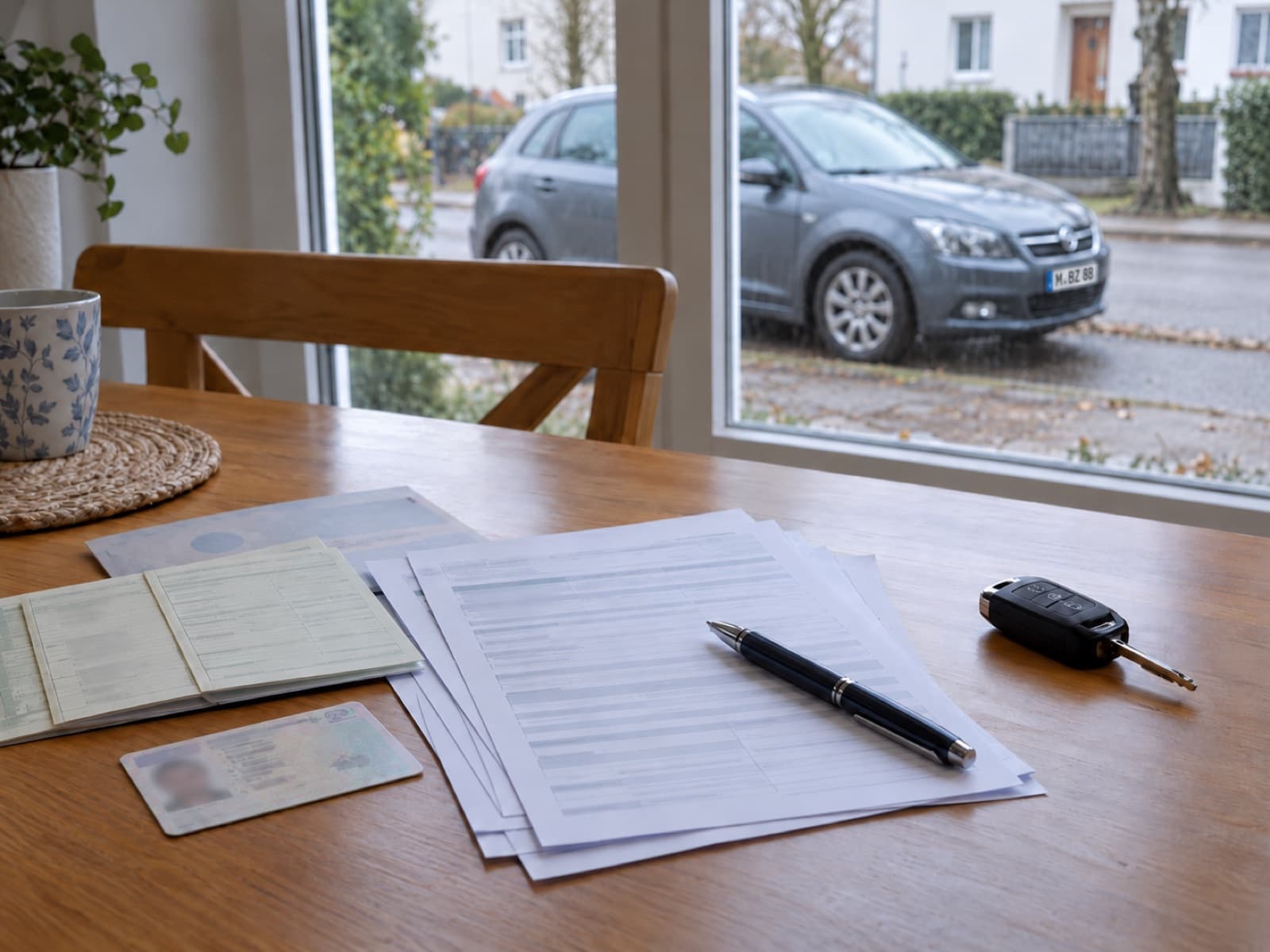 Fahrzeugpapiere, Formulare und Autoschlüssel auf einem Tisch am Fenster